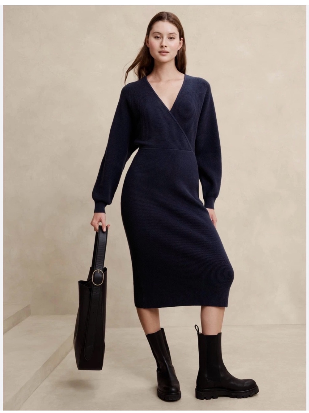 Banana Republic Navy Wrap-Style Knit Midi Dress